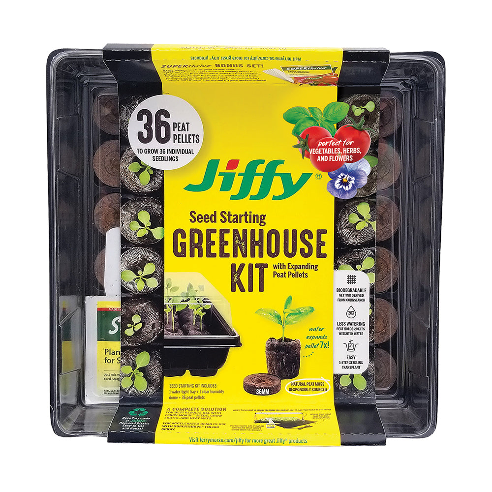 Jiffy brand seed starting greenhouse kit packaging, featuring a tray with 36 peat pellets and a clear dome